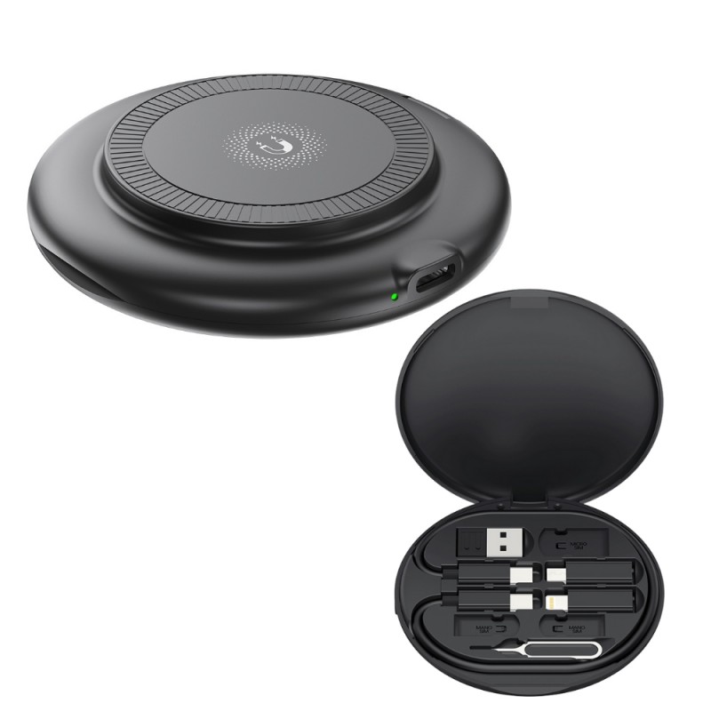 Безжично индуктивно зарядно устройство XO CX031 15W с кабел USB-C - USB-C и комплект адаптери, Черно