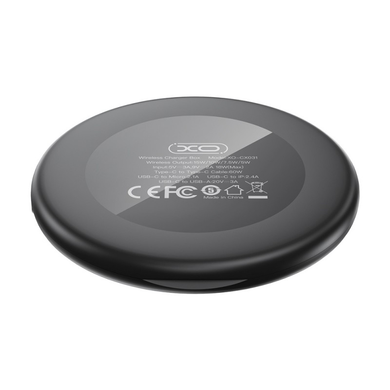 Безжично индуктивно зарядно устройство XO CX031 15W с кабел USB-C - USB-C и комплект адаптери, Черно