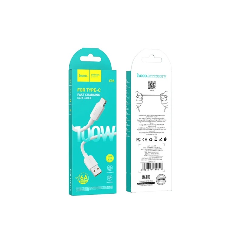 Кабел USB-A - USB-C, HOCO PD 6A 100W X96 1м, Бял