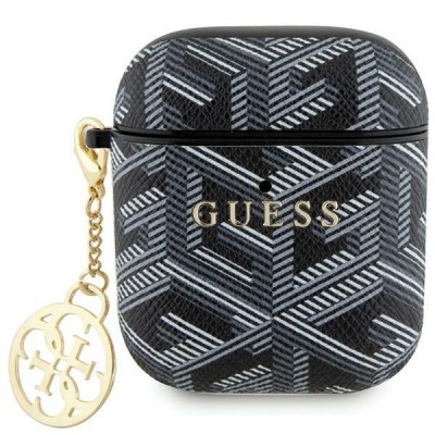 Калъф силиконов за Airpods 1/2 слушалки Guess Gcube Charm Classic Gold Logo, Черен