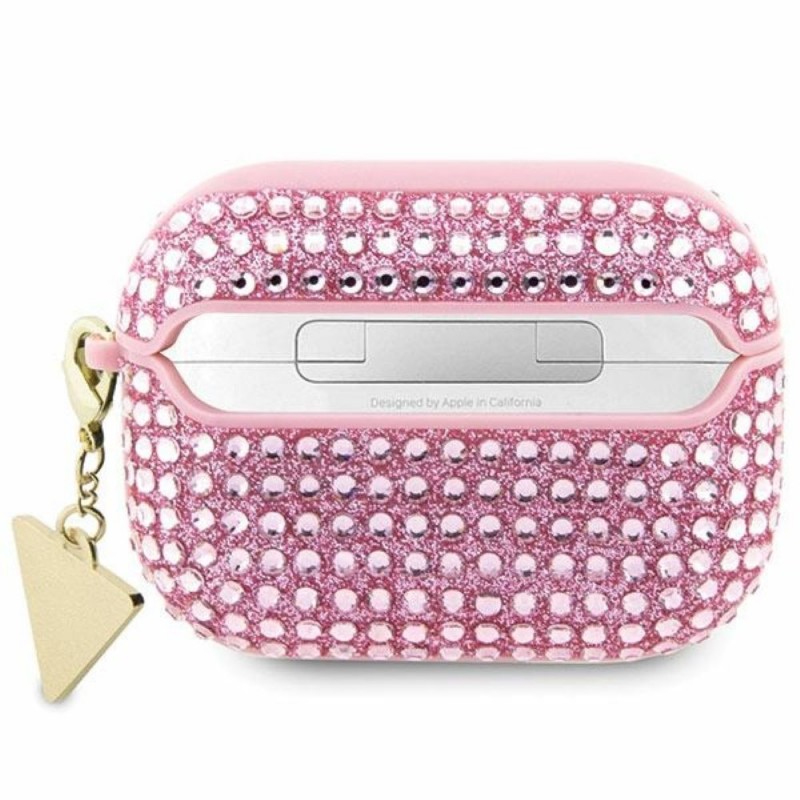Калъф силиконов за Airpods Pro 2 слушалки Guess Rhinestone Triangle Charm, Розов