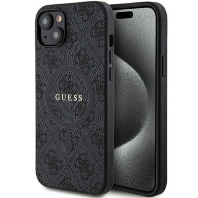 Оригинален кейс Guess 4G Collection Leather Metal Logo MagSafe, За iPhone 15 (6.1), Черен