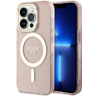 Оригинален кейс Guess Glitter Gold MagSafe, За iPhone 14 Pro (6.1), Розов