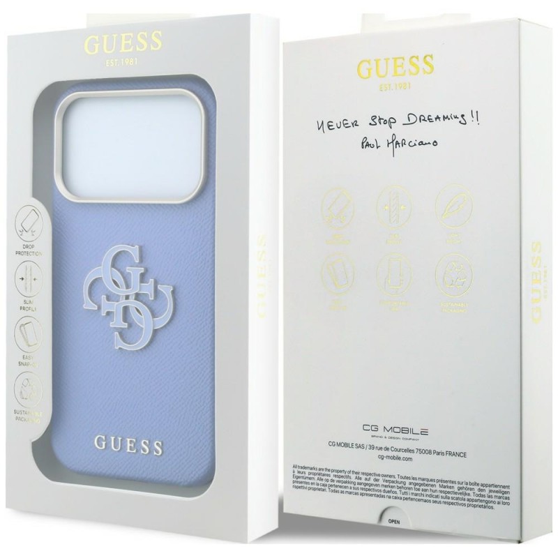 Оригинален кейс Guess Grained Big Resin Logo, за iPhone 18 Pro / 17 Pro, светлосин