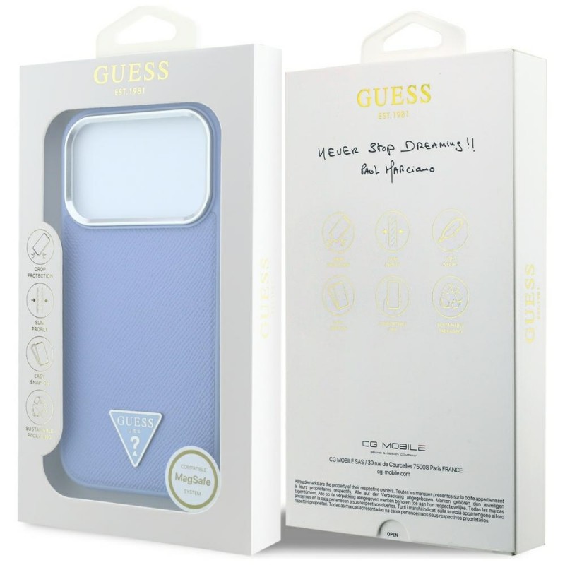 Оригинален кейс Guess Grained Triangle Logo MagSafe, за iPhone 18 Pro Max / 17 Pro Max, светлосин