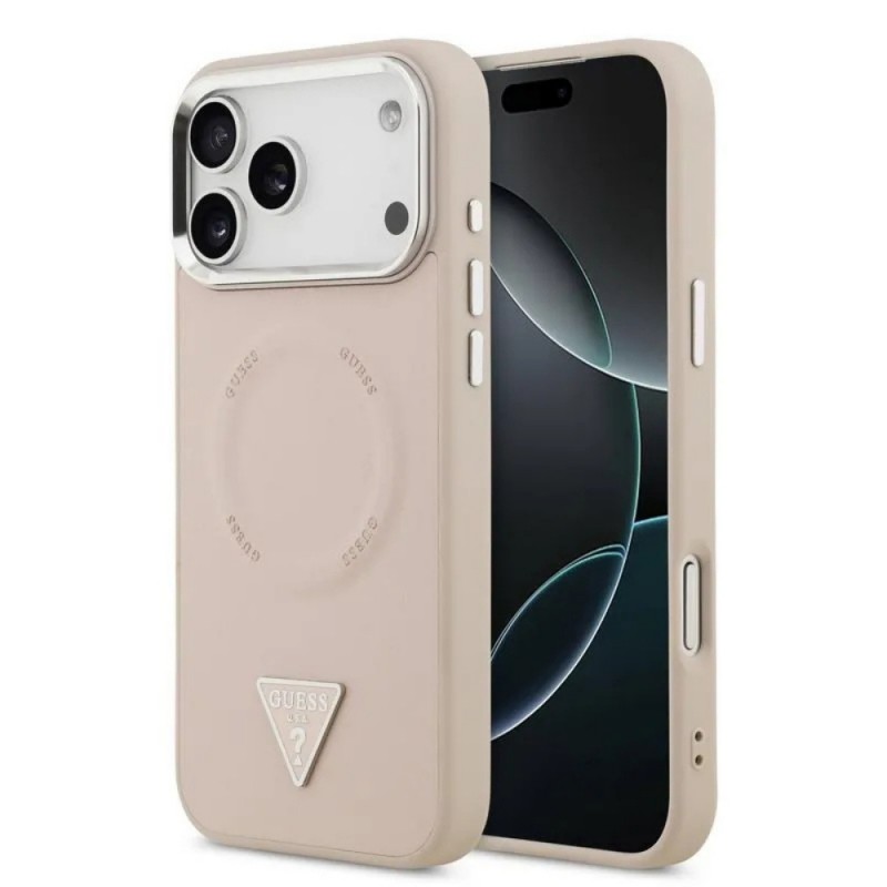 Оригинален кейс Guess Leather Triangle Metal Logo, За iPhone 17 Pro Max (6.9), Розов