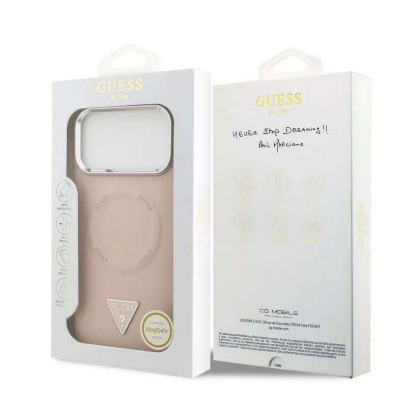 Оригинален кейс Guess Leather Triangle Metal Logo, За iPhone 17 Pro Max (6.9), Розов