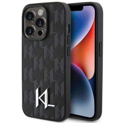 Оригинален кейс Karl Lagerfeld Leather Monogram Hot Stamp Metal Logo, За iPhone 15 Pro (6.1), Черен