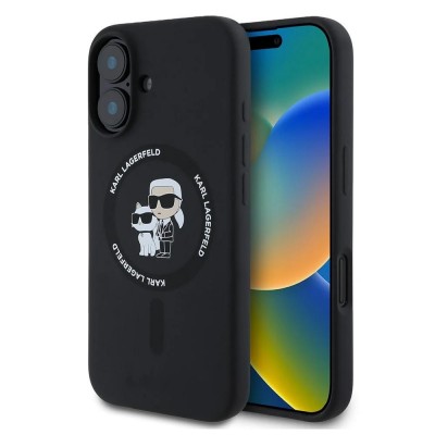 Оригинален кейс Karl Lagerfeld Silicone Karl and Choupette Heads MagSafe, За iPhone 16 (6.1), Черен
