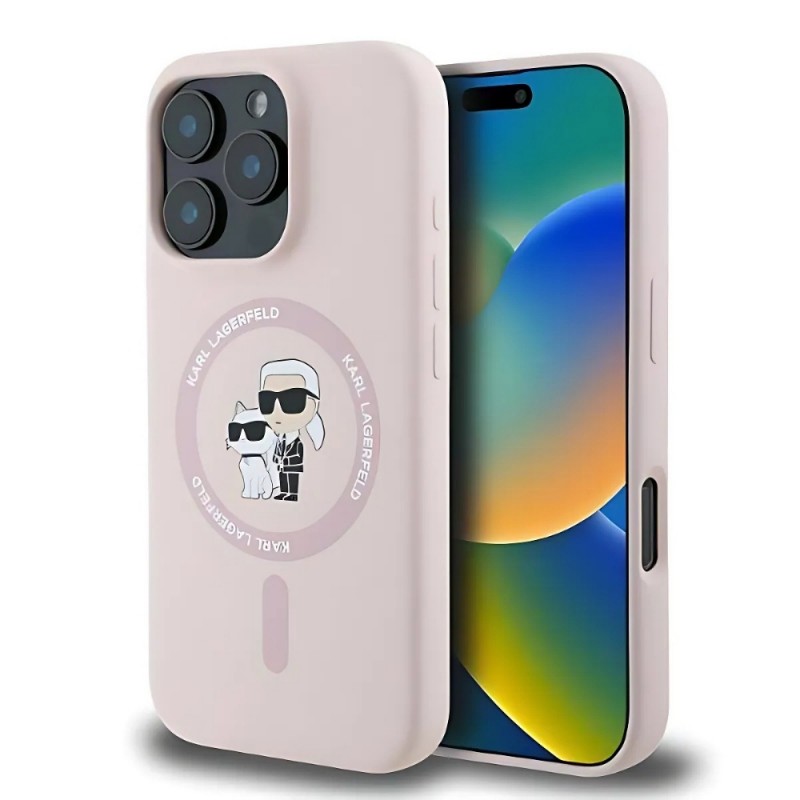 Оригинален кейс Karl Lagerfeld Silicone Karl and Choupette Heads MagSafe, За iPhone 16 Pro Max (6.9), Розов