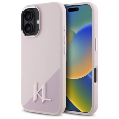 Оригинален кейс Karl Lagerfeld Silicone Shadow Metal Initial MagSafe, За iPhone 16 (6.1), Розов