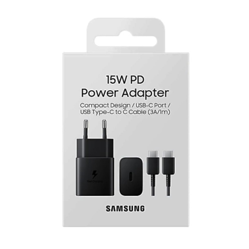 Оригинално зарядно устройство комплект Samsung EP-T1510XBEGEU с кабел 15W USB-C, 220V Super Fast Charging в кутия, Черно