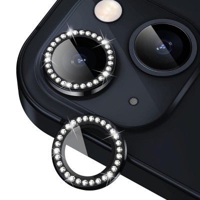 Протектор задна камера метални рингове с камъни MBX за iPhone 14, 14 Plus, Черен