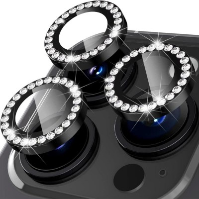 Протектор задна камера метални рингове с камъни MBX за iPhone 14 Pro, 14 Pro Max, Черен