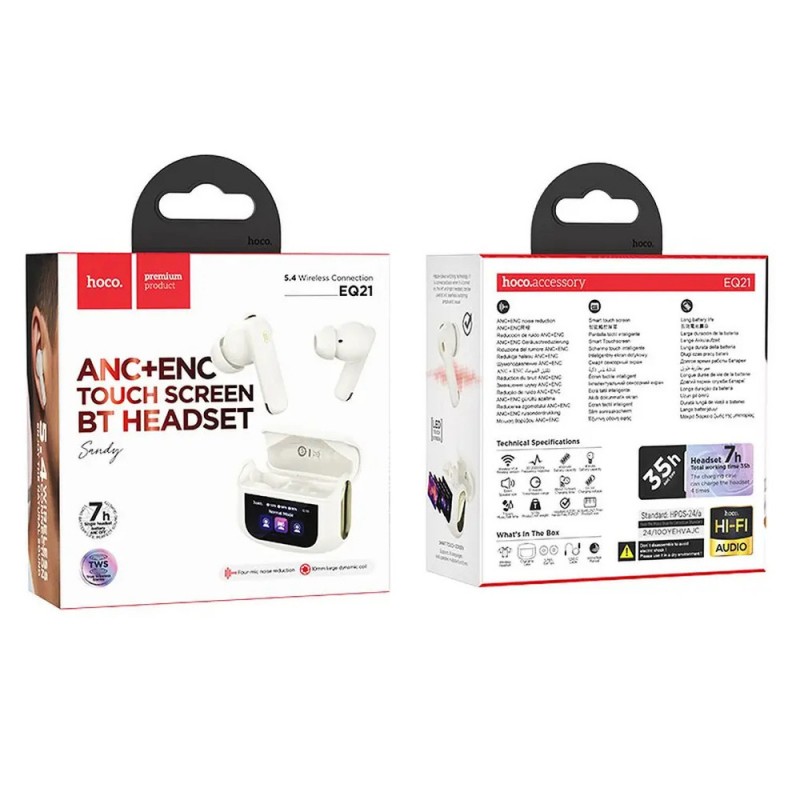 Слушалки Bluetooth безжични Hoco TWS ANC ENC EQ21 с тъчскрийн, бели