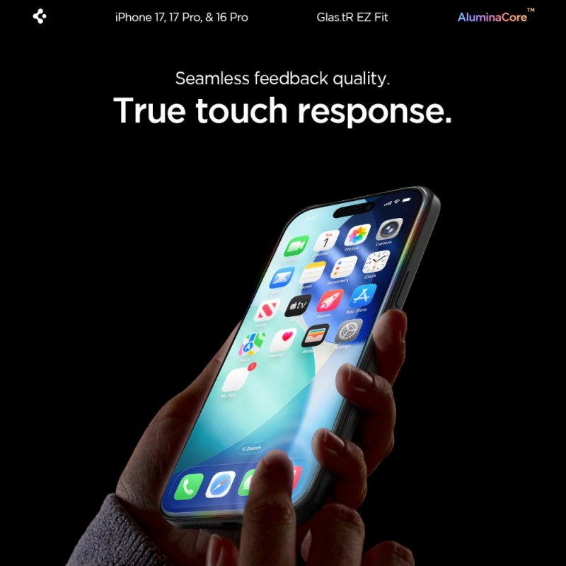 Стъклен протектор Spigen GLAS.tR EZ Fit с цяло лепило, За iPhone 17 / 16 Pro, Прозрачен