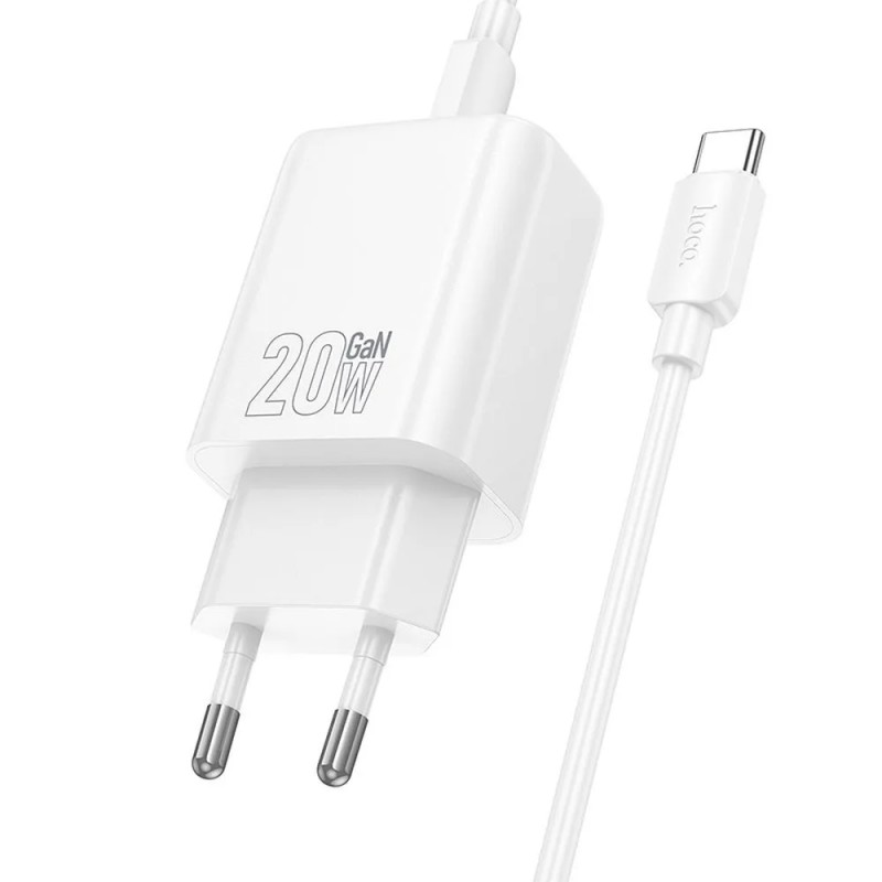 Зарядно устройство комплект HOCO N61, 20W, 3A, 1x USB-C 1x USB-A + кабел USB-C - USB-C, Бяло