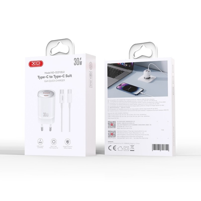 Зарядно устройство комплект XO CE21 PD 30W 1x USB-C 1x USB-A + USB-C - USB-C кабел, Бяло