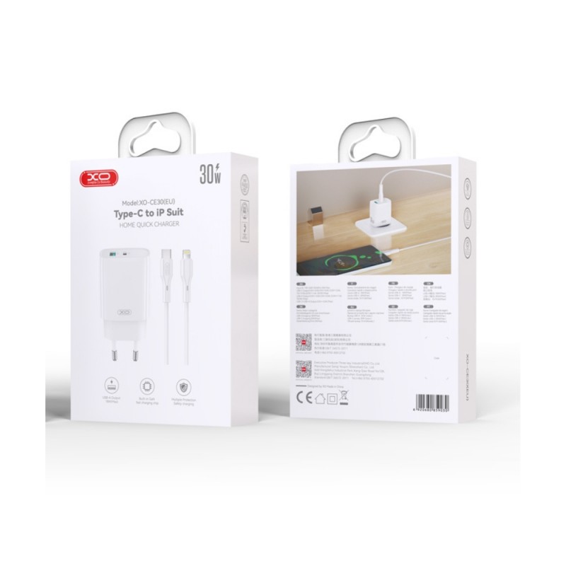 Зарядно устройство комплект XO CE30 PD 30W 1x USB-C 1x USB-A + USB-C - Lightning кабел, Бяло
