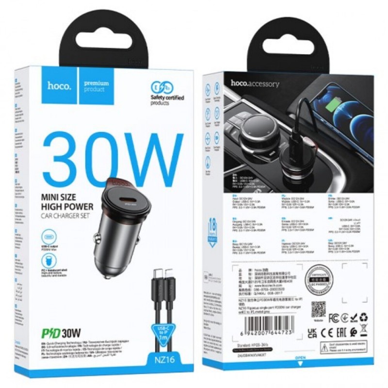 Зарядно устройство за кола комплект HOCO NZ16 PD 30W 1x USB-C с кабел USB-C - Lightning, Черен