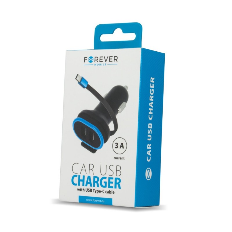 Forever ładowarka samochodowa CC-02 2x USB 3A czarna z kablem USB-C 0,2 m