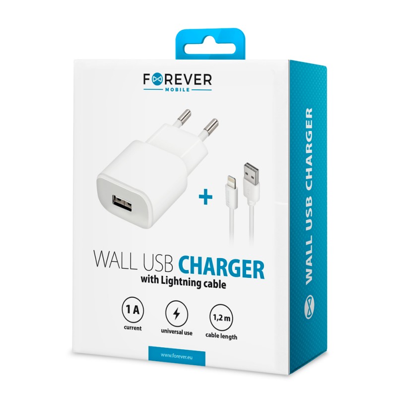 Forever ładowarka sieciowa TC-01 1x USB 1A biała + kabel Lightning