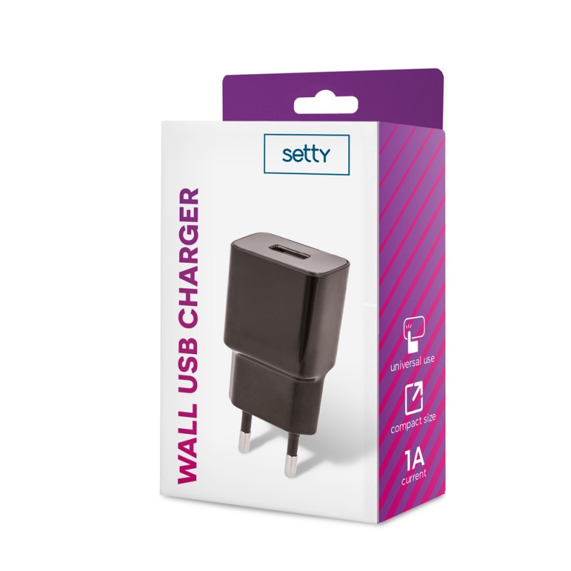 Стенно зарядно Setty 1x USB 1A черно