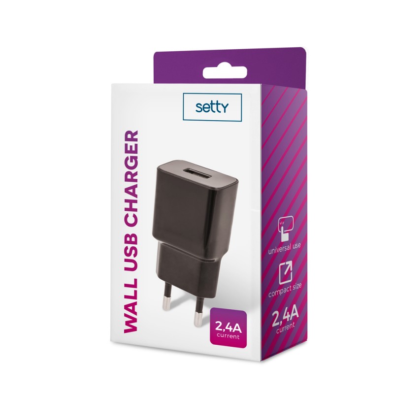 Стенно зарядно Setty 1x USB 2.4A черно