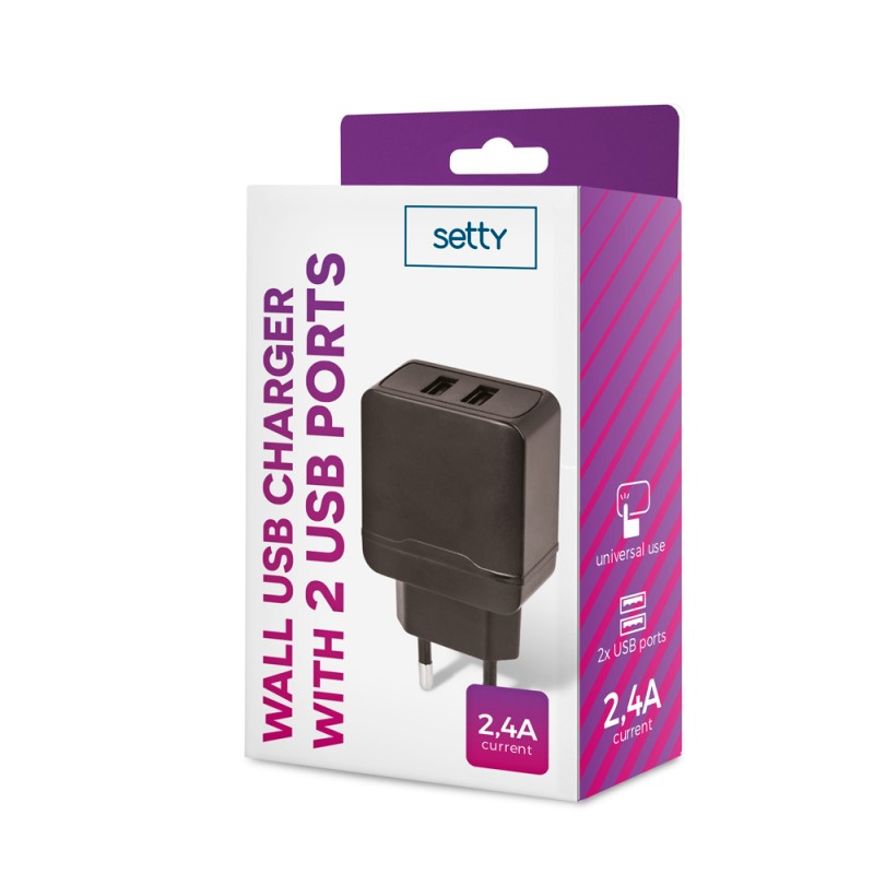 Стенно зарядно Setty 2x USB 2.4A черно