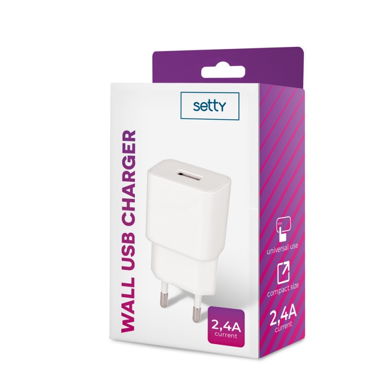 Стенно зарядно Setty 1x USB 2.4A бяло