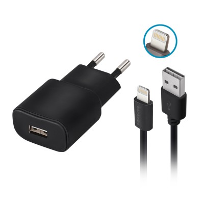 Мрежово зарядно Forever TC-01 1x USB 2A черно + Lightning кабел