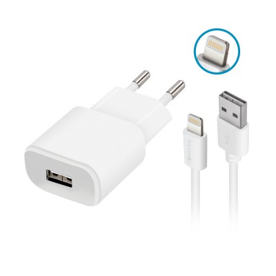 Мрежово зарядно Forever TC-01 1x USB 2A бяло + Lightning кабел
