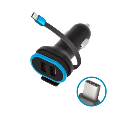 Зарядно за кола Forever CC-02 2x USB 3A черно с USB-C кабел 0,2 м