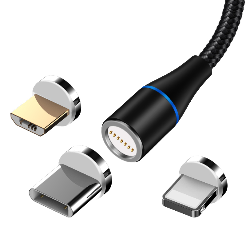 Maxlife магнитен кабел MXUC-03 USB - Lightning + USB-C + microUSB 1.0 m 3A черен найлон