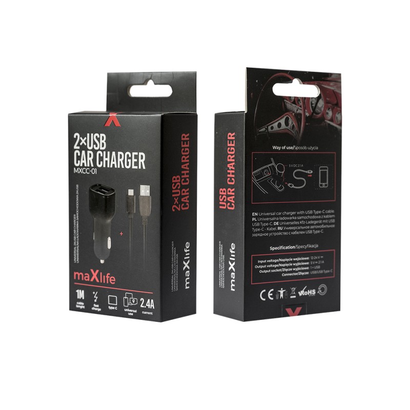 Maxlife зарядно за кола MXCC-01 2x USB 2.4A черно + USB-C кабел