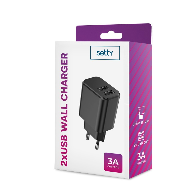 Стенно зарядно Setty 2x USB 3A черно