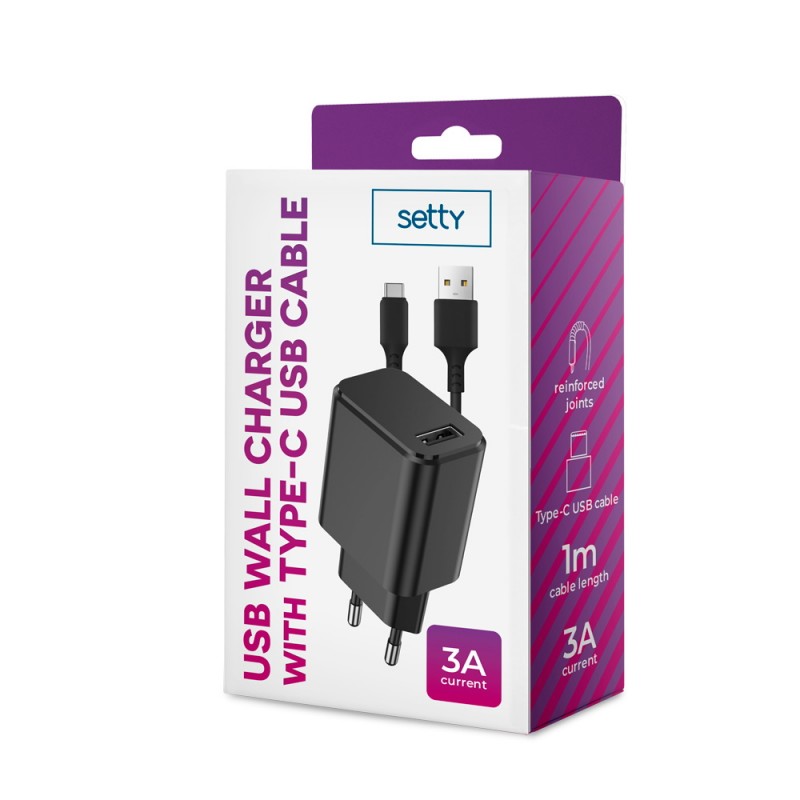 Стенно зарядно Setty 1x USB 3A черно + USB-C кабел 1,0 m