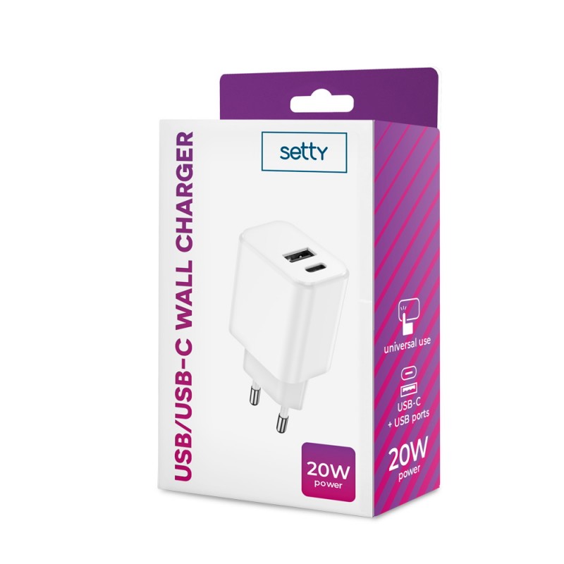 Стенно зарядно Setty 1x USB + USB-C 3A 20W бяло