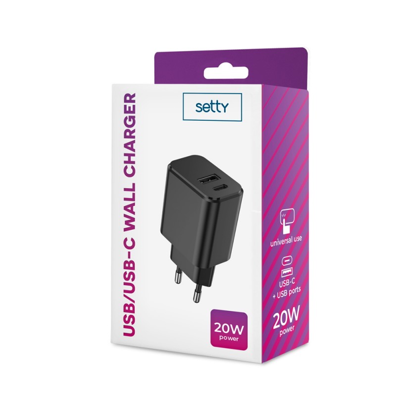 Стенно зарядно Setty 1x USB + USB-C 3A 20W черно