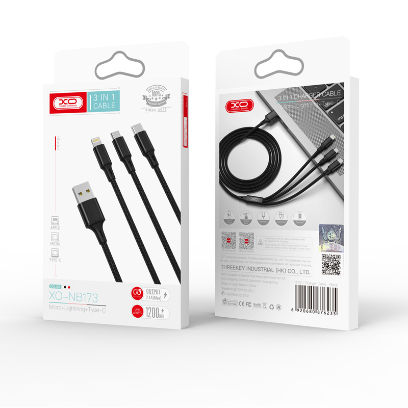 XO кабел NB173 3в1 USB - Lightning + USB-C + microUSB 1,2 m 2,4A черен