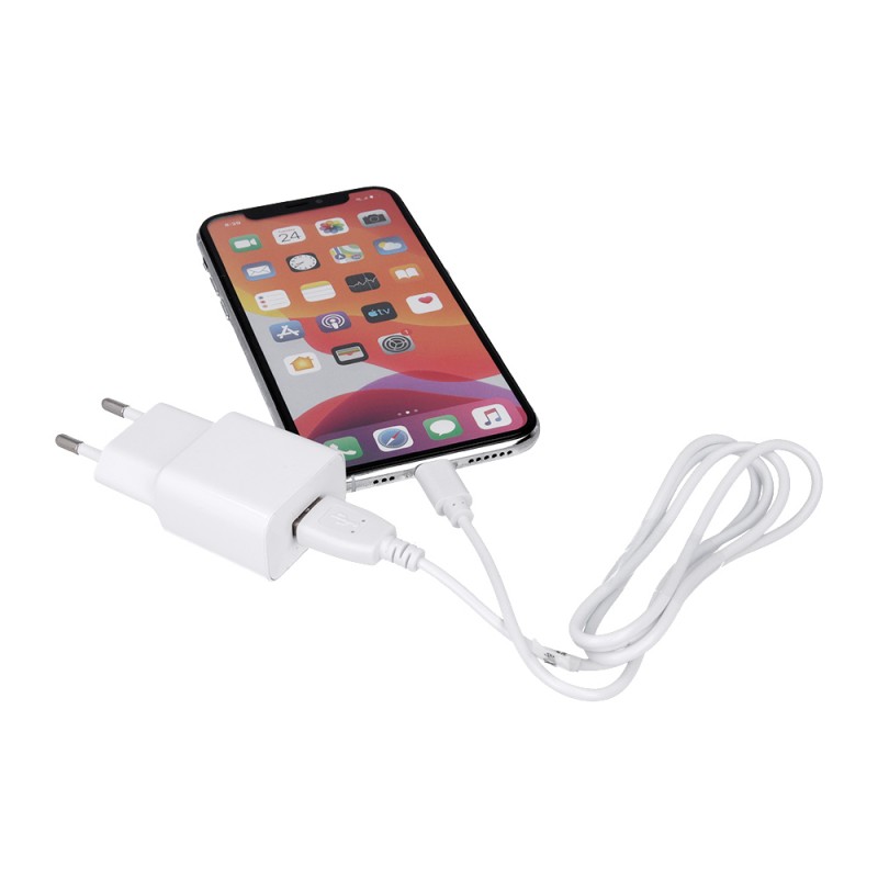 Maxlife MXTC-01 мрежово зарядно 1x USB 2.1A бяло + Lightning кабел