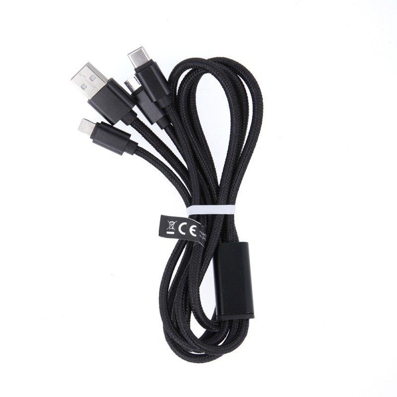 Maxlife кабел 3в1 USB - Lightning + USB-C + microUSB 1.0 m 2.1A черен найлон