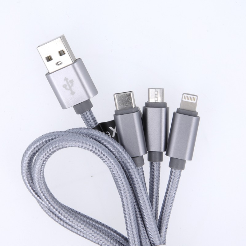 Maxlife кабел 3в1 USB - Lightning + USB-C + microUSB 1.0 m 2.1A сив найлон