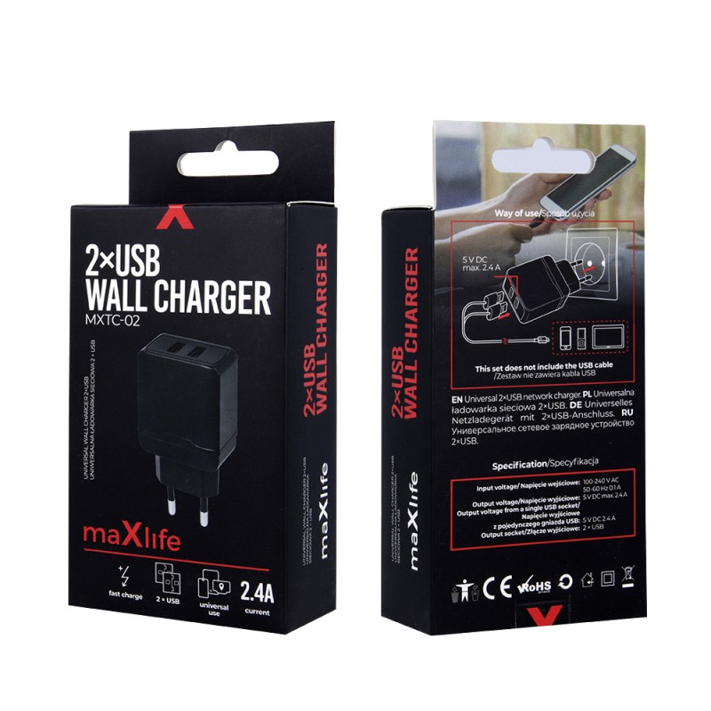 Maxlife MXTC-02 мрежово зарядно 2x USB 2.4A черно