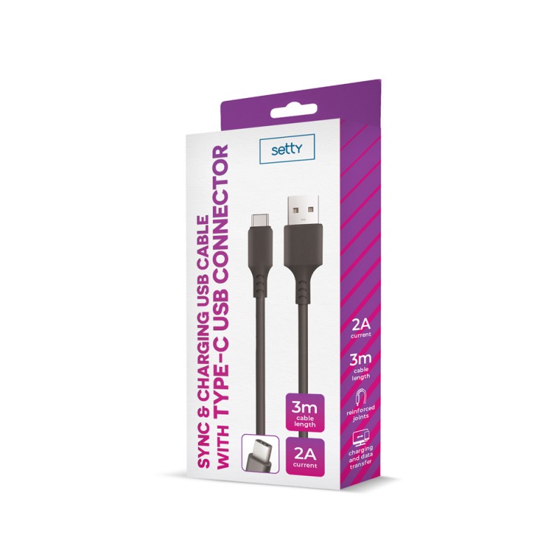 Setty USB - USB-C кабел 3.0 m 2A черен НОВ