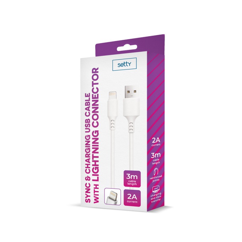 Setty USB - Lightning кабел 3.0 m 2A бял НОВ