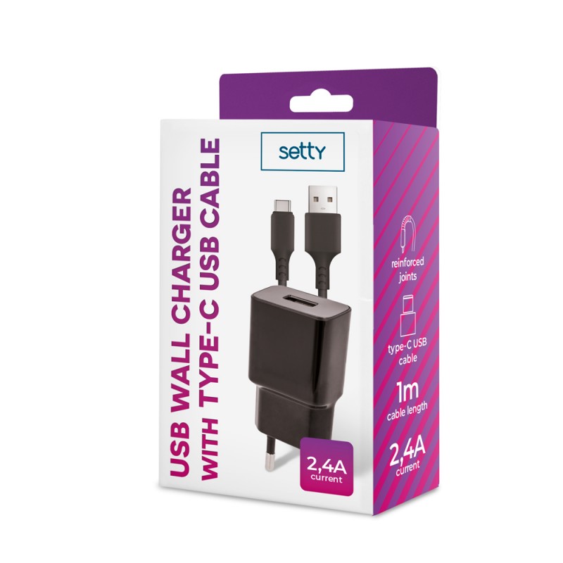 Стенно зарядно Setty 1x USB 2.4A черно + USB-C кабел 1.0 m НОВО
