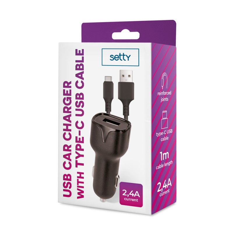 Зарядно за кола Setty 1x USB 2.4A черно + USB-C кабел 1.0 м НОВО