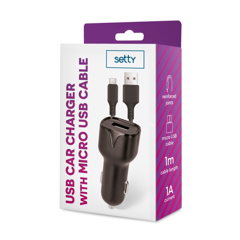 Зарядно за кола Setty 1x USB 1A черно + microUSB кабел 1.0 м НОВО