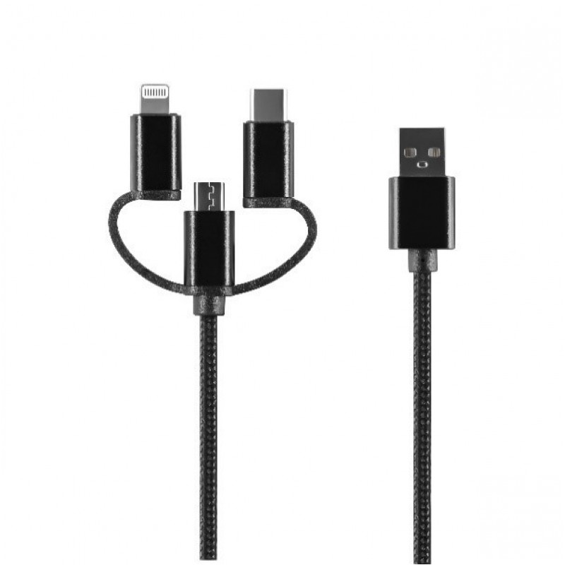 Setty кабел 3в1 USB - Lightning + USB-C + microUSB 1.0 m 2A черен найлон TD